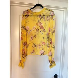 The kooples silk yellow floral lace trim long sleeve sheer blouse medium
